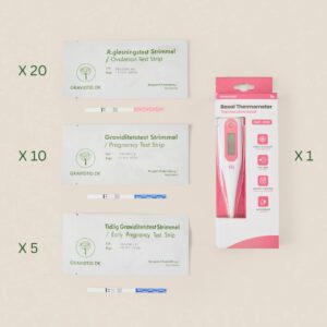 Gravidtid Ægløsningstest Strimmel 20 stk. + Graviditetstest Strimmel 10 stk.+ Tidlig Graviditetstest Strimmel 5 stk.+ Femometer Vinca Lite termometer med to decimaler