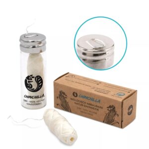Tandtrådsholder med kompostbar tandtråd i glas, rustfrit låg, vegansk, biologisk nedbrydelig - Hedenhus - Genopfyldelig, plastikfri